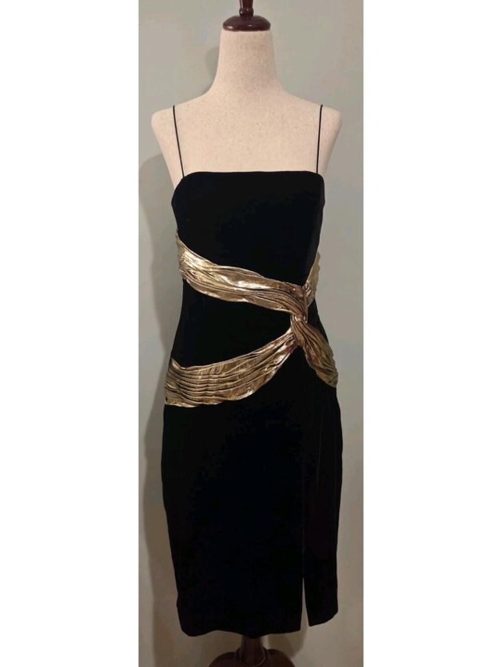 Bijou Rovelle Sz 8 Black Velvet Spaghetti Strap Cocktail Dress Gold Bow Vintage
